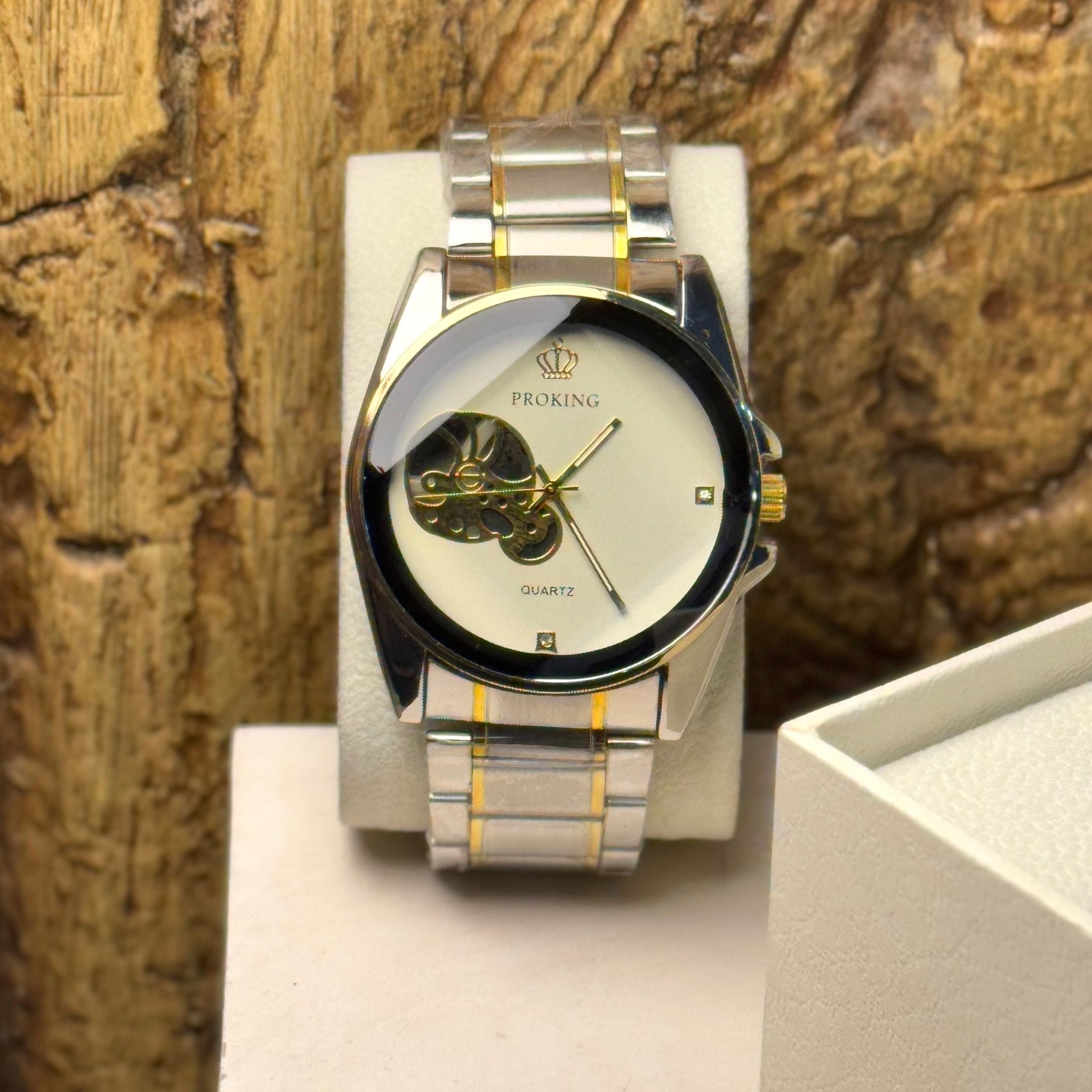 Proking Silver & Gold Skeleton Dial Quartz Reloj – Elegant Design